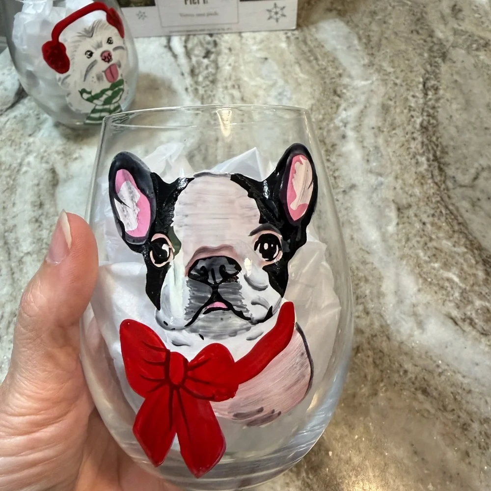PIER 1 Holiday Christmas Festive Dogs Hand Painted Stemless Wine Glass Set/4 NEW